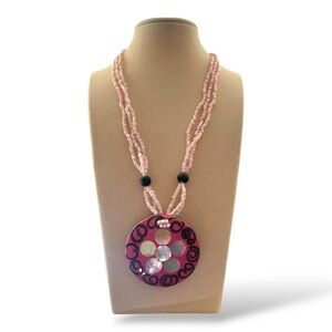Pink Beaded Necklace with Circular Pendant